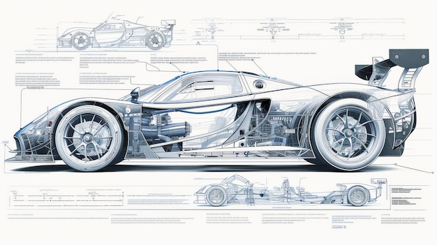 Foto disegno dettagliato del progetto della macchina da corsa