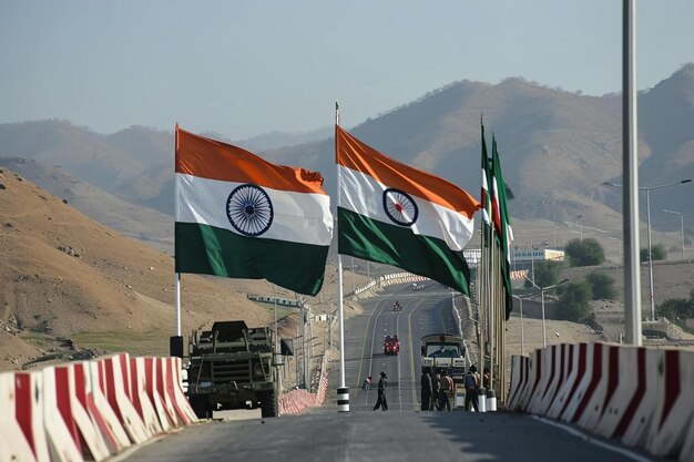 Detailed and realistic depiction of Indian and Pakistani flags raised high during the border closing ceremony