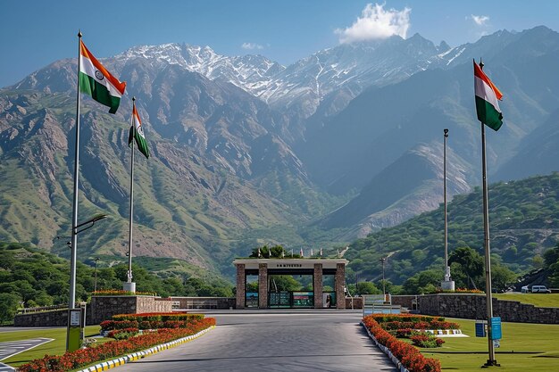 Detailed and realistic depiction of Indian and Pakistani flags raised high during the border closing ceremony