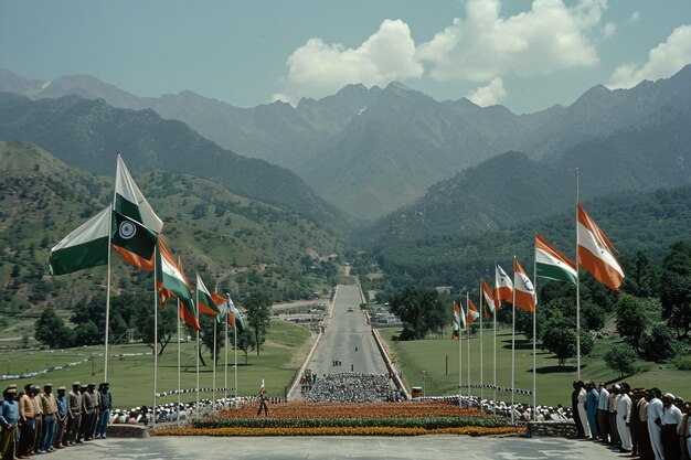 Detailed and realistic depiction of Indian and Pakistani flags raised high during the border closing ceremony