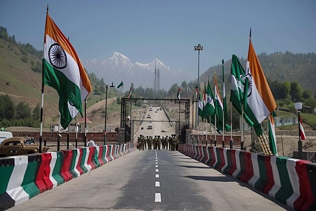 Detailed and realistic depiction of Indian and Pakistani flags raised high during the border closing ceremony