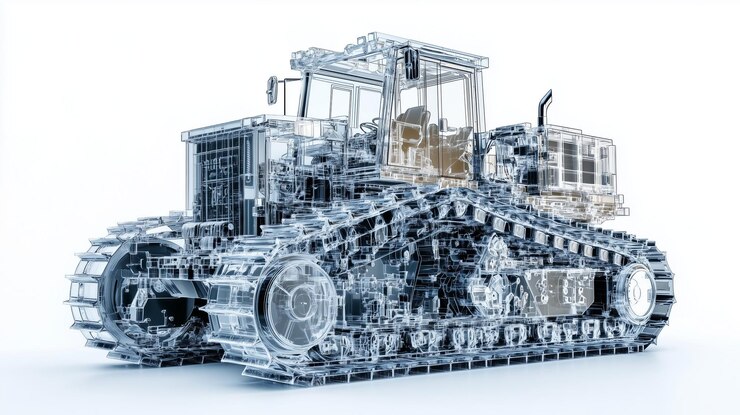 A detailed and realistic of a semi transparent modern bulldozer showcasing its exterior and visible