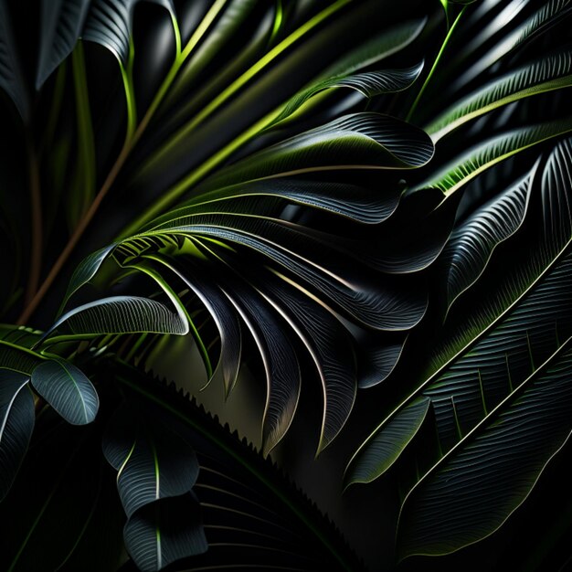 Detailed realistic tropical leaves under a spotlight in a dark room black background