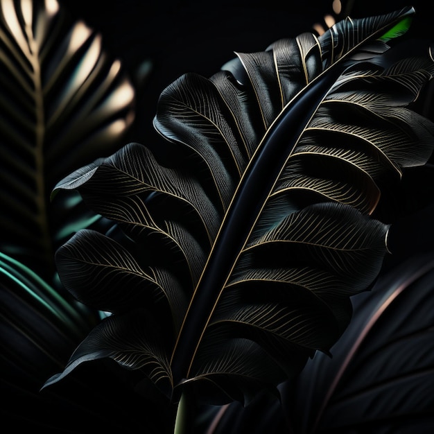 Photo detailed realistic tropical leaves under a spotlight in a dark room black background