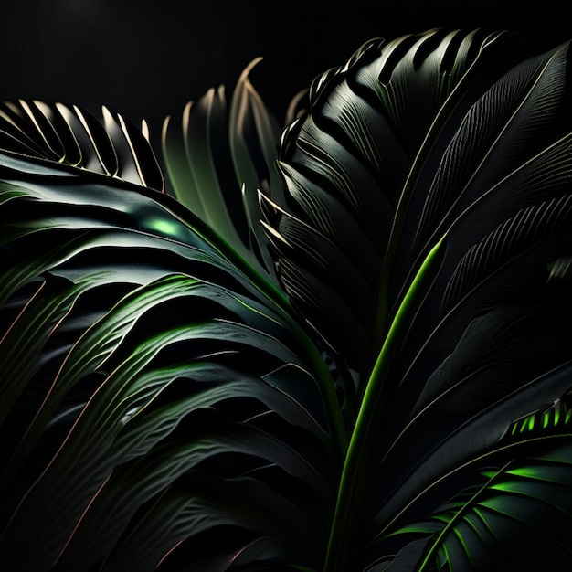 Detailed realistic tropical leaves under a spotlight in a dark room black background