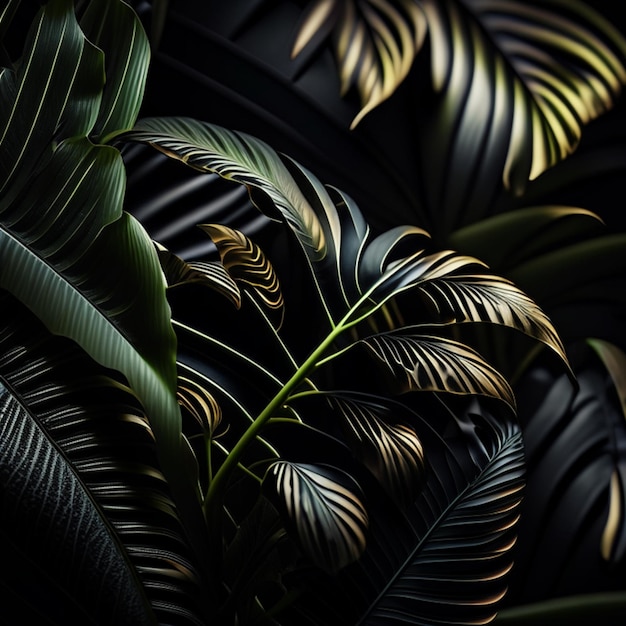 Detailed realistic tropical leaves under a spotlight in a dark room black background