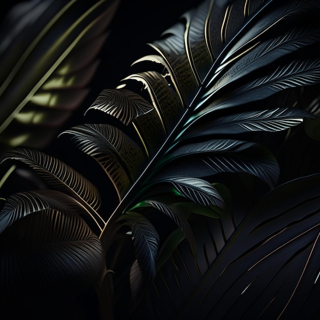 Detailed realistic tropical leaves under a spotlight in a dark room black background