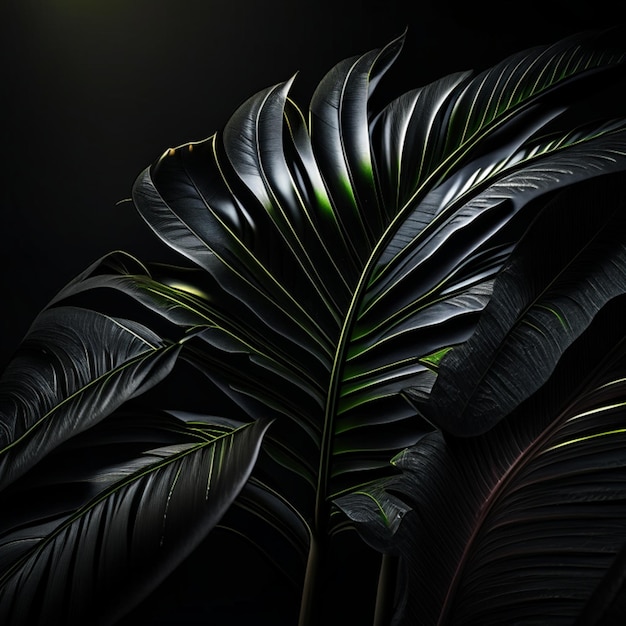 Detailed realistic tropical leaves under a spotlight in a dark room black background