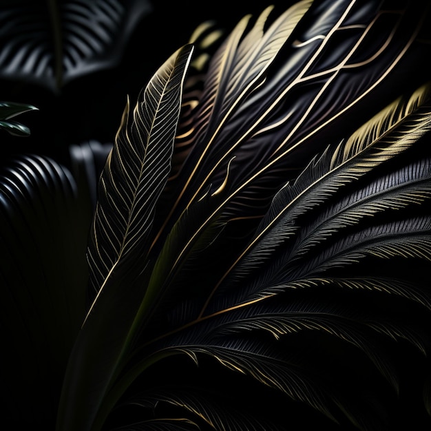 Detailed realistic tropical leaves under a spotlight in a dark room black background