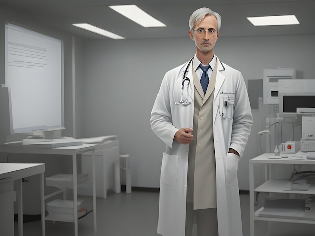 A detailed rendering of a doctor in a white lab coat standing in a dimly lit room