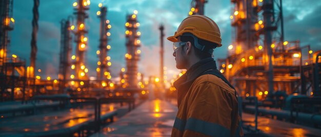 Photo detailed rendering of an engineer in a hardhat with refinery pipelines in the background with a blue toned backdrop