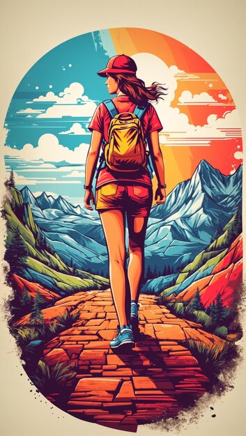 Detailed retro illustration hiking logo with mountain on the background