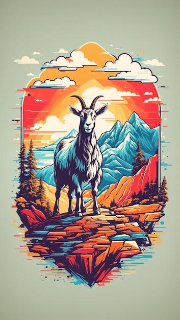 Detailed retro illustration mountain goat logo with mountain on the background