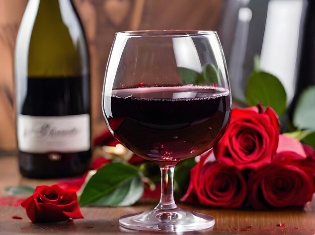 Foto rose dettagliate, vino rosso, cuori accoglienti, san valentino.