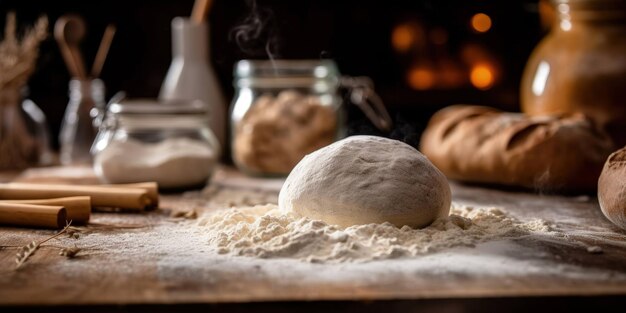 detailed scenery dedicated to bread dough full of details ingredients on wooden table