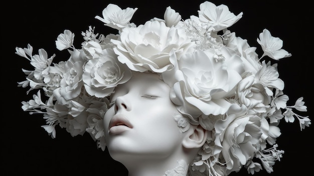 detailed sculpture showcases female figure with eyes closed her head crowned with an elaborate