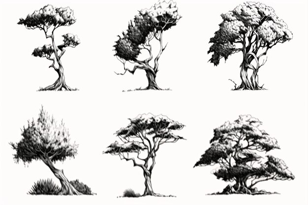 A detailed set of pencil drawings of trees in the style of repeating pattern outdoor art generati