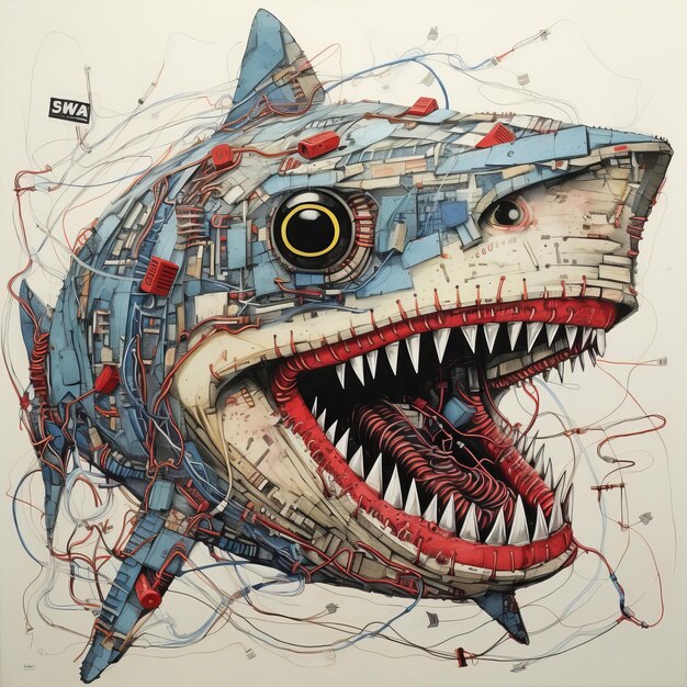 Photo detailed shark illustrations with strangely attached wires in various art styles