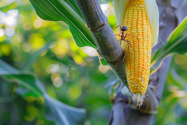 A detailed shot of an ant crawling on a corn cob