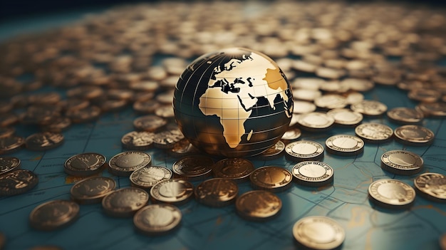 Detailed shot of a globe and coins