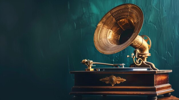 Photo a detailed shot of a gramophone with its metallic horn and needle poised above a spinning record the