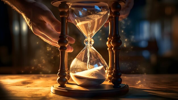 Detailed shot of hands turning a 3D hourglass