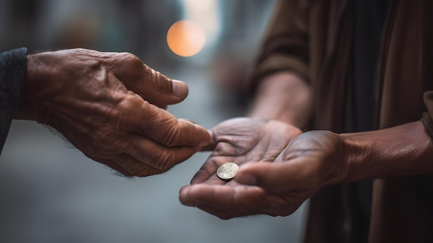 Foto in uno scatto dettagliato la mano di un uomo si allunga per dare soldi a un mendicante ia generativa