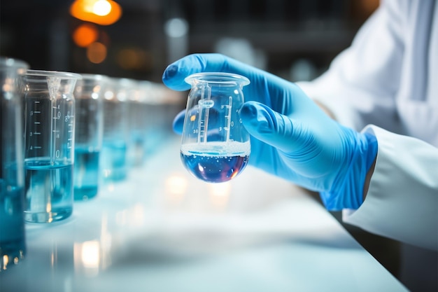 Detailed shot mans hands in blue gloves with a test tube