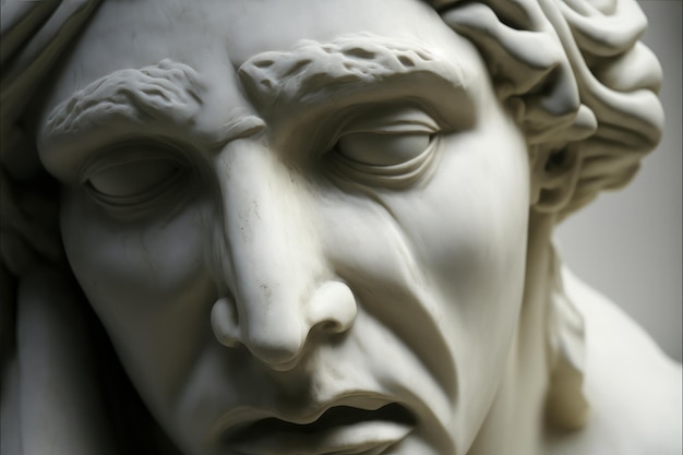 Детальный снимок мраморной статуи с грустным выражением лица, созданный с помощью генеративного ИИ.