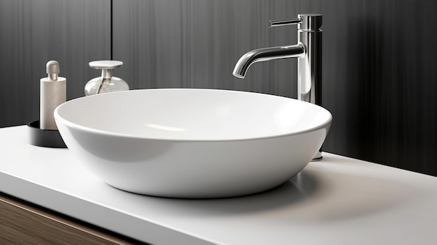 A detailed shot of a pristine white ceramic sink with a minimalist design