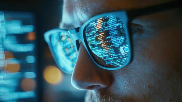 a detailed shot of a programmer analyzing code on a dualmonitor setup with a focus on the intricate lines of code and the reflection of data streams on the programmers glasses representing the