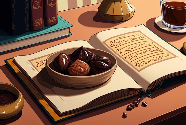 Detailed shot of the Quran and dates