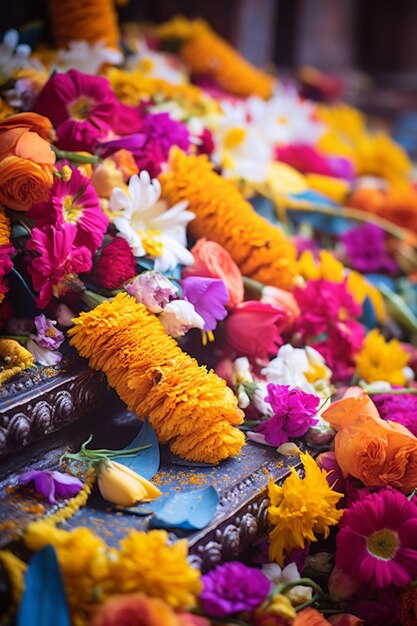 a detailed shot of Ram Navami floral decorations at a temple