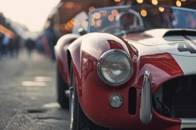 Photo a detailed shot showcasing a red race car driving on a city street capturing its vibrant color and dynamic motion a vintage sports car at the starting line of a classic car race ai generated