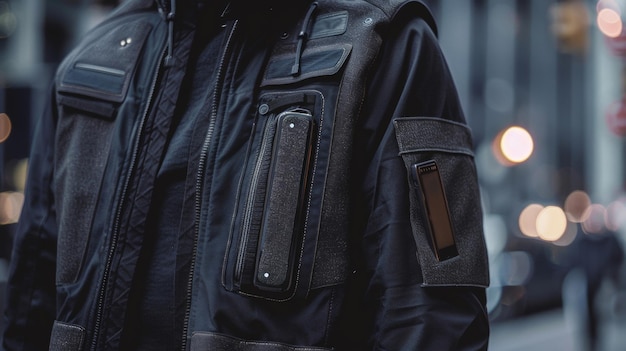 A detailed shot of a smart jacket with hidden pockets for electronic devices demonstrating how