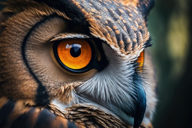 Detailed shot of a stunning brownish owl Close up of the horned owls yellow eyes against a background of indistinct forest A close up view of an owls beak and orange eyes selective attention