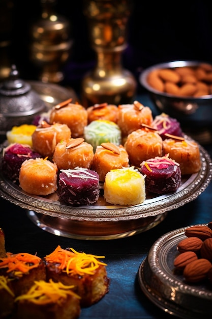Подробный снимок традиционных индийских сладостей, приготовленных к Рама Навами
