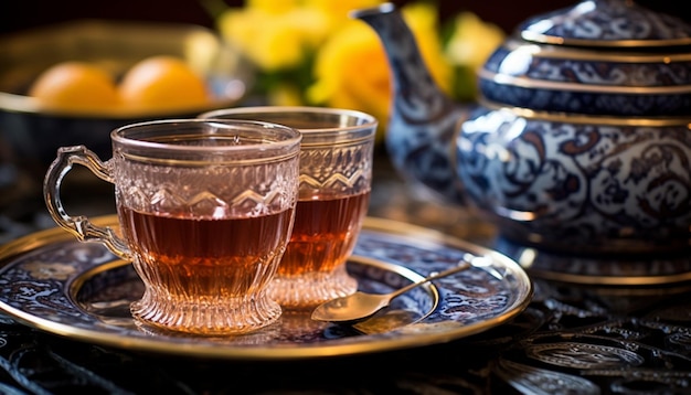 A detailed shot of a traditional Persian tea set