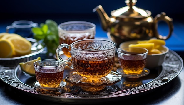 A detailed shot of a traditional Persian tea set