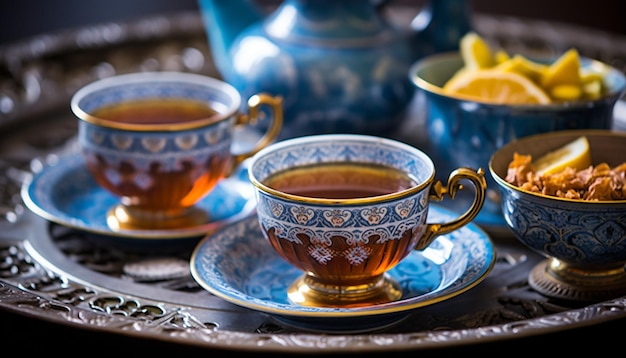 A detailed shot of a traditional Persian tea set