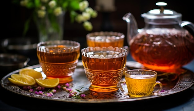 A detailed shot of a traditional Persian tea set