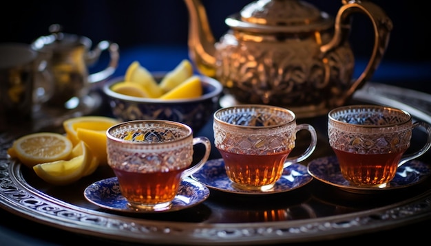 A detailed shot of a traditional Persian tea set