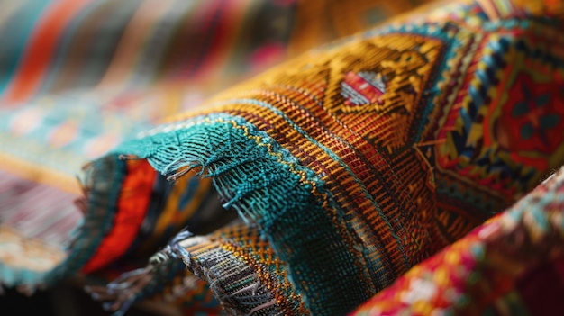 Detailed shot of vibrant multicolored woven fabric patterns