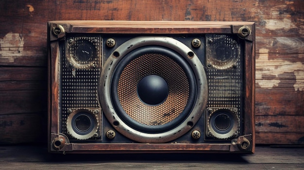 detailed shot of a vintage public announcement speaker on a weathered wooden surface