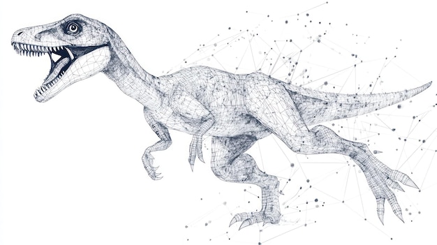 a detailed sketch of a running dinosaur composed of interconnected dots and lines against a white background