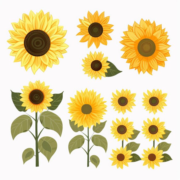 Photo detailed sunflower clipart set flat shading vector svg minimalistic animation asset
