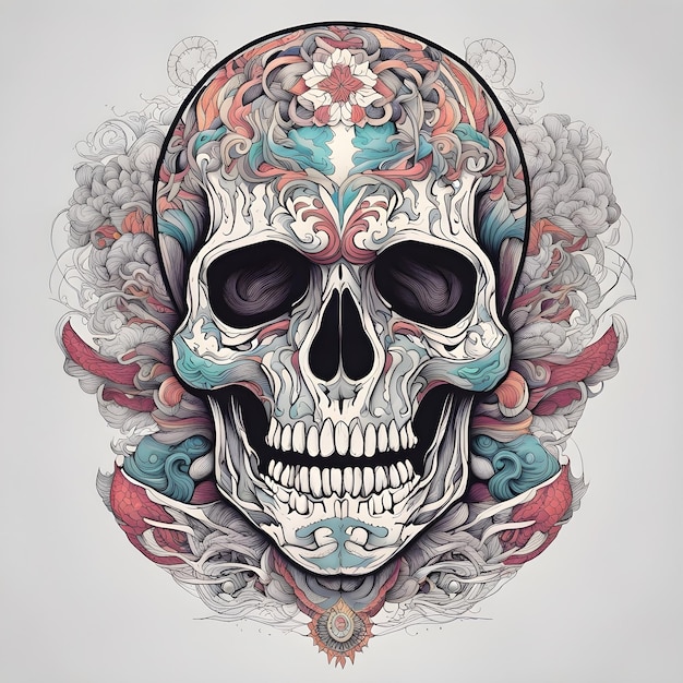 Detailed tattoo skull illustration for men with colorful line details in white background