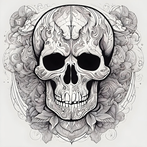 Photo detailed tattoo skull illustration with black and white line details in white background