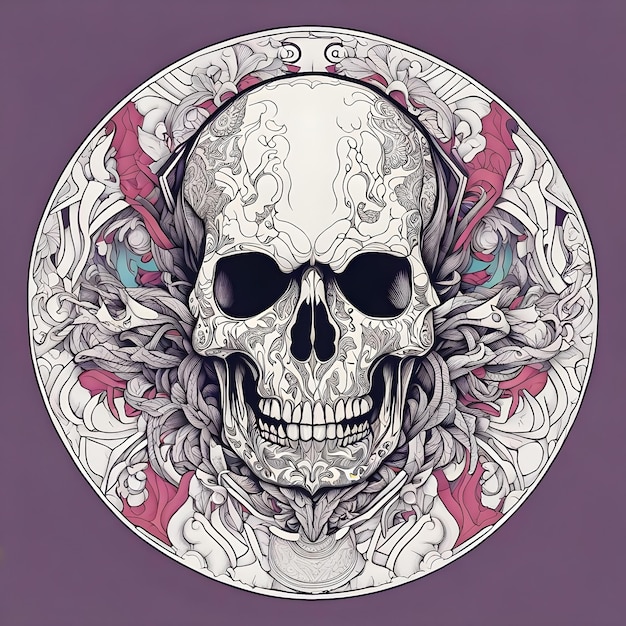 Detailed tattoo skull illustration with colorful line details in white background for male