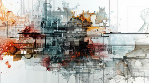 Detailed technical drawings merging with abstract fr AI generated illustration